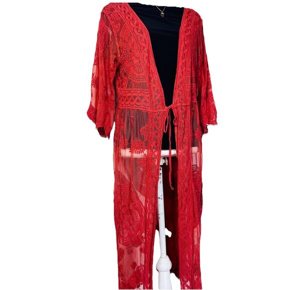 Vivid Collection Open Cardigan SZ M Red Crochet Lace Short Sleeve Top Boho Fall - Picture 7 of 15